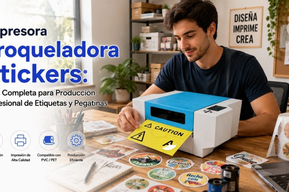 Operario usando impresora troqueladora de stickers Masung en taller creativo, produciendo etiquetas de advertencia y pegatinas personalizadas de PVC y PET