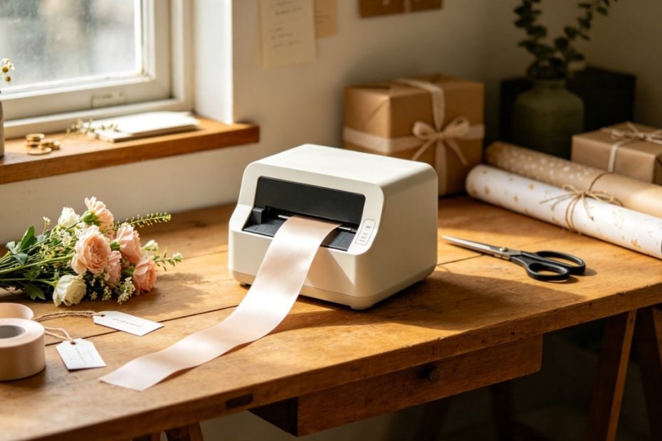 Impresora cinta de transferencia térmica sobre mesa de floristería, imprimiendo cinta de satén personalizada, material de embalaje de regalos y flores naturales
