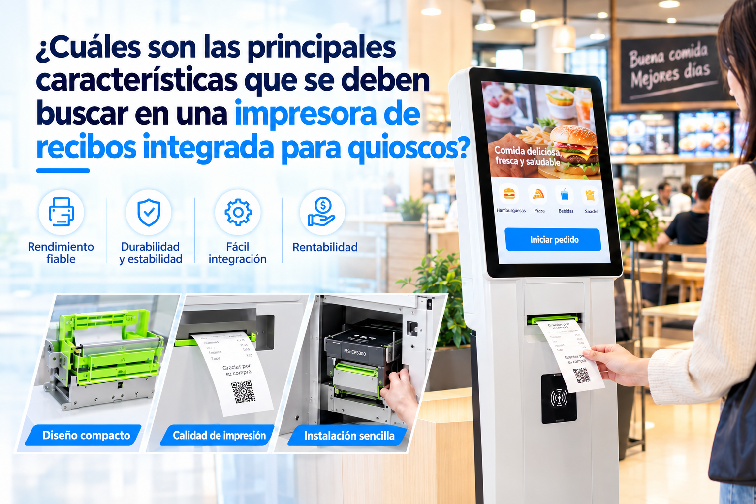 ¿Cuáles son las características clave que se deben buscar en una impresora de recibos integrada para quioscos?
